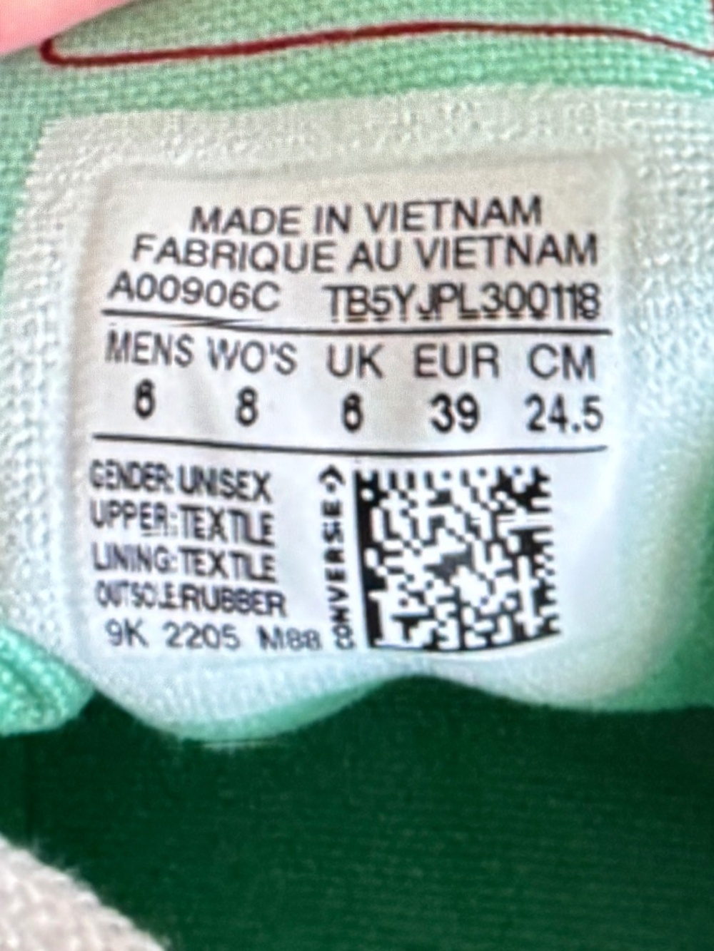 Converse Chuck Taylor Slip On W8/M6/UK6 Mint Green Canvas Low Top Never Worn - Picture 9 of 9